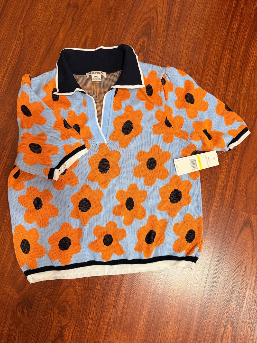 Nanette Lepore Sky Blue & Orange Floral V-Neck Polo Sweater